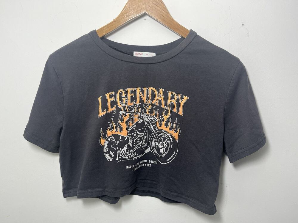 Romwe Gray T-shirt Graphic Unisex Small Motorcycle Biker Harley Flame Cropped